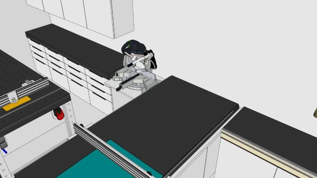 SketchUp drawing showing a detailed miter saw station layout used for building a woodworking shop with integrated storage