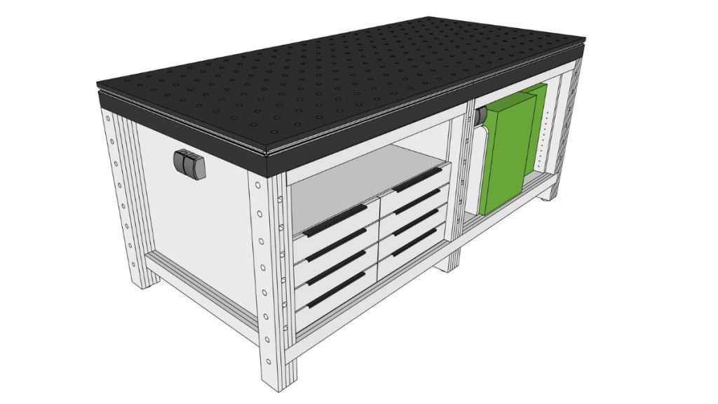 DIY woodworking shop workbench build with MFT-style holes and modular Festool systainer drawer storage underneath