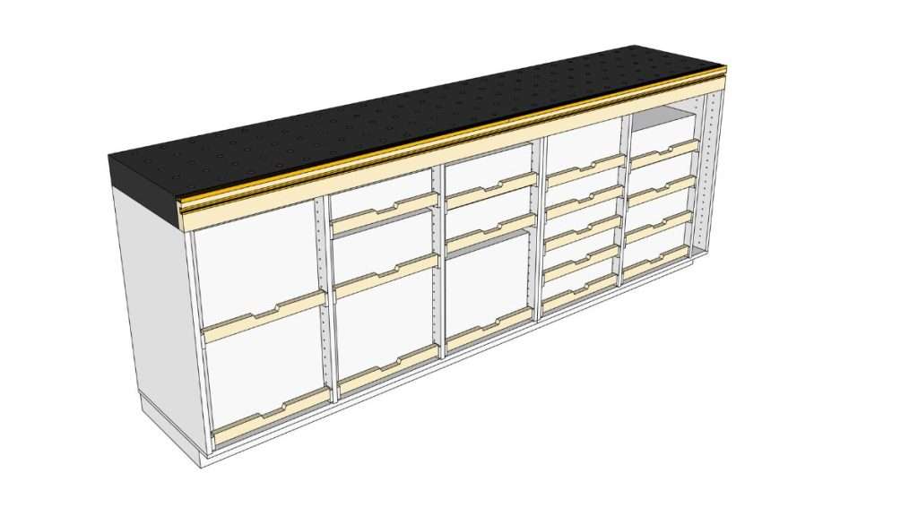 3D render of modular drawer cabinets used in building a woodworking shop with smart and accessible storage solutions