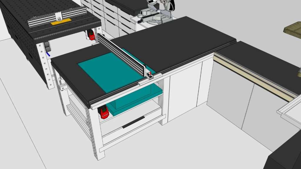 3D layout of a table saw workcenter with outfeed support and router table add-on for building a woodworking shop efficiently