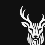 Minimalist white stag head logo with antlers and woodgrain texture on a black background, brand mark of Ash Stag Woodworking.