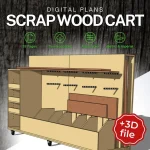 Digital lumber storage cart plans for a mobile scrap wood storage cart with vertical sheet slots, tool holders, and labeled compartments – includes 3D file and metric/imperial options.
