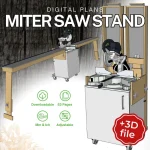 Printable mobile miter saw station plans for a mobile miter saw stand with fold-down wings, dust collection, and vertical storage – adjustable for metric and inch measurements.