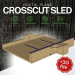 Downloadable crosscut sled plans for a crosscut sled designed for precise 90-degree cuts, featuring adjustable runners and a high fence – includes 3D file format.