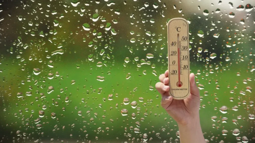 Thermometer held against a window covered in droplets, showing moisture issues that affect a woodworking space.