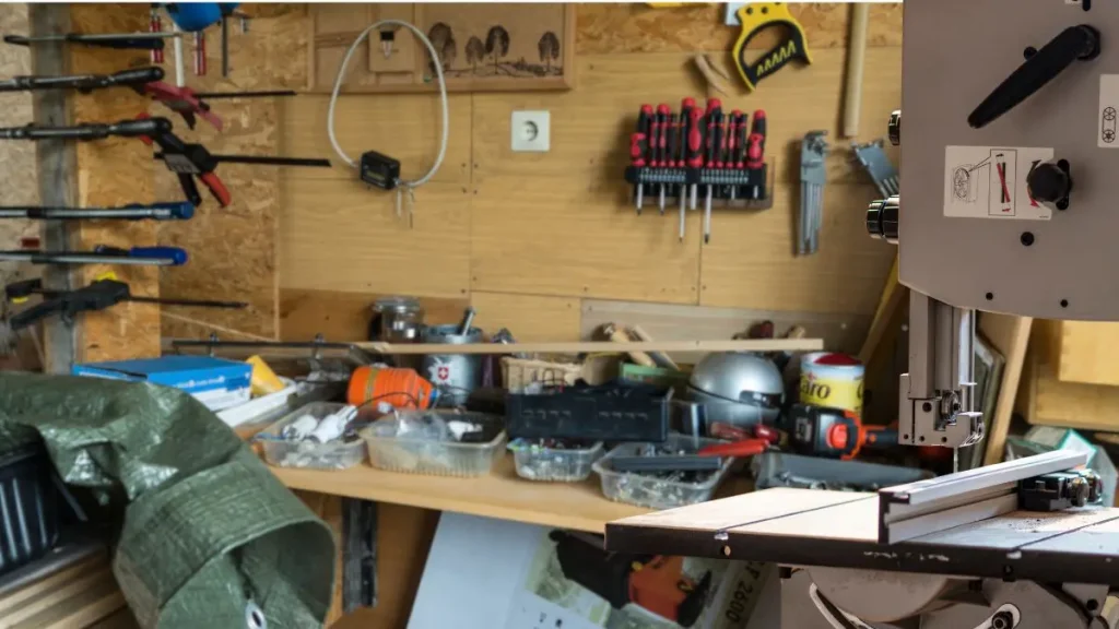 Crowded workshop corner filled with tools and clutter, showing limited movement space that affects woodworking readiness.
