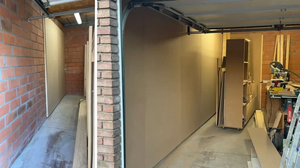 Garage workshop with newly covered MDF walls that help control dust and create a cleaner woodworking space.