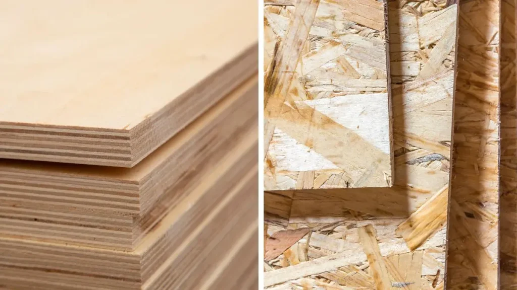 Plywood and OSB panels stacked side by side as woodworking shop floor types.