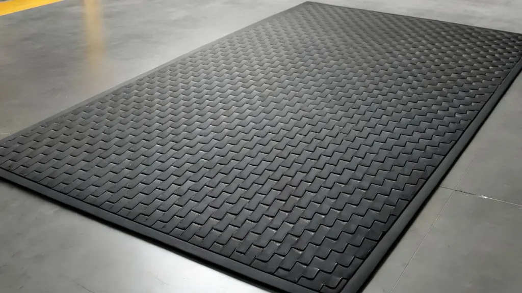 Black rubber anti fatigue mat used for comfort on a woodworking shop floor.