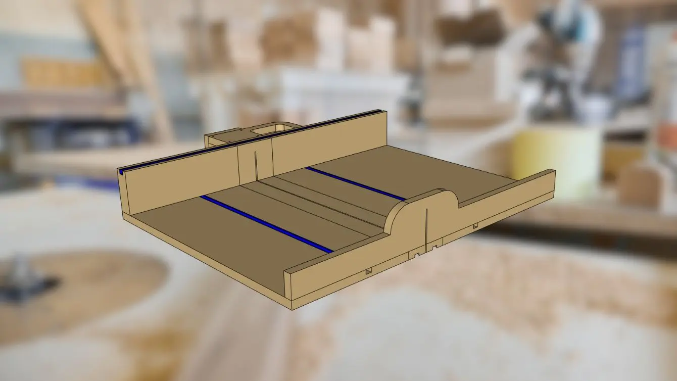 DIY woodworking jigs hero image showing a 3D model of a crosscut sled for a table saw.