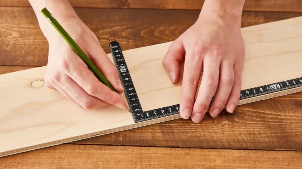 Close-up of marking and measuring wood for precise cuts in DIY woodworking jigs.