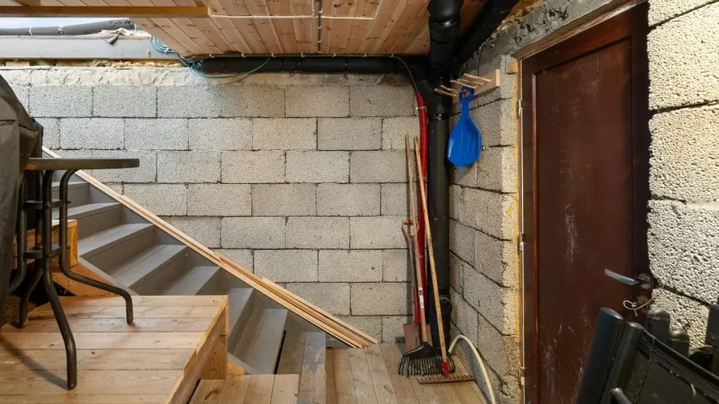 Small basement corner turned into a practical woodworking shop layout with basic tools and smart storage.