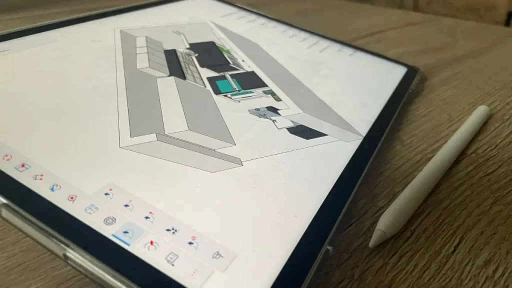 Digital woodworking shop layout displayed on a tablet using a layout planner app.
