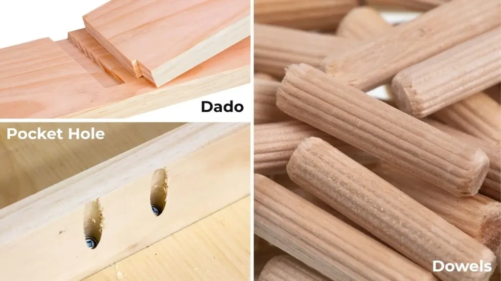 Examples of dado, pocket hole, and dowel joints used in DIY home accessories ideas.