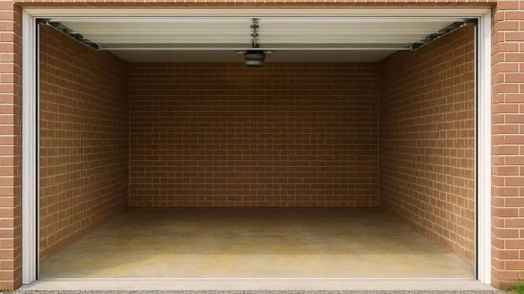 Empty one-car garage ready to set up a woodworking shop from scratch.