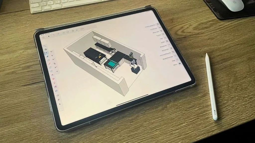 Digital 3D layout plan on a tablet showing how to set up a woodworking shop efficiently.