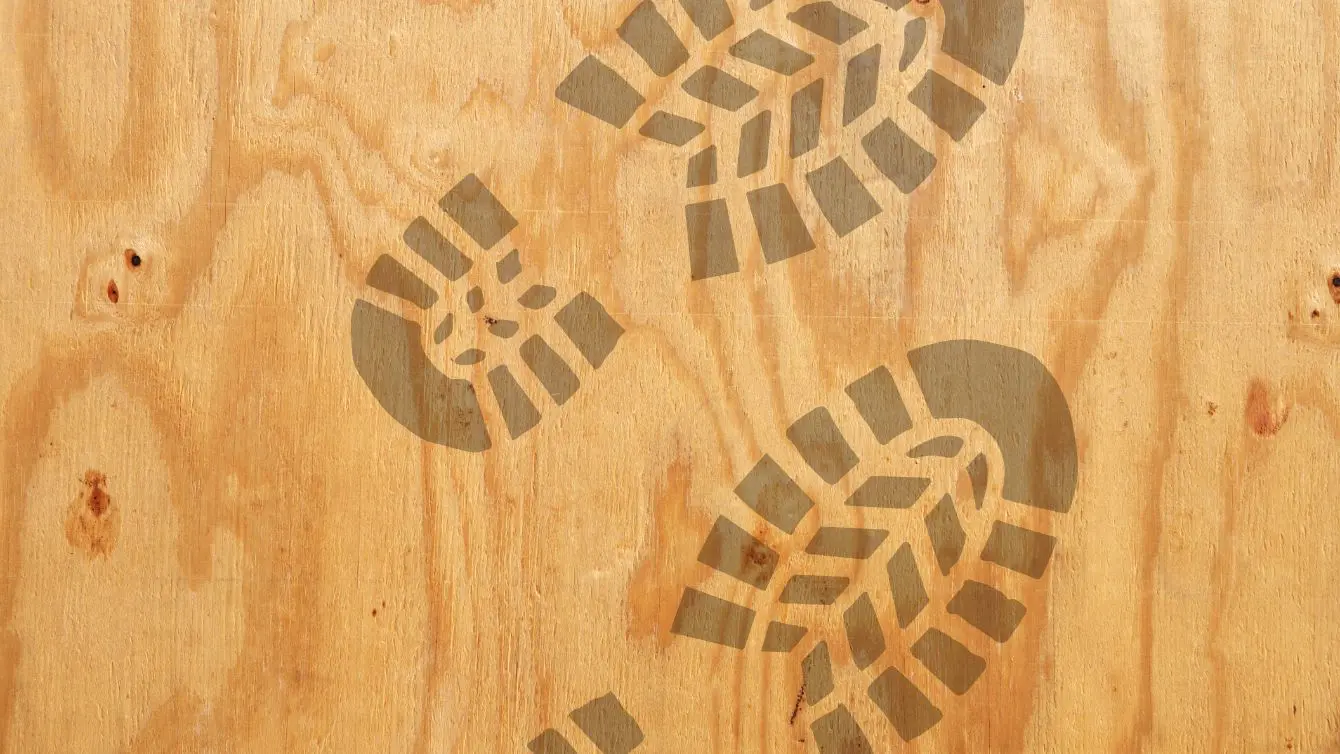 Plywood panel with boot marks showing typical wear in a small workshop.