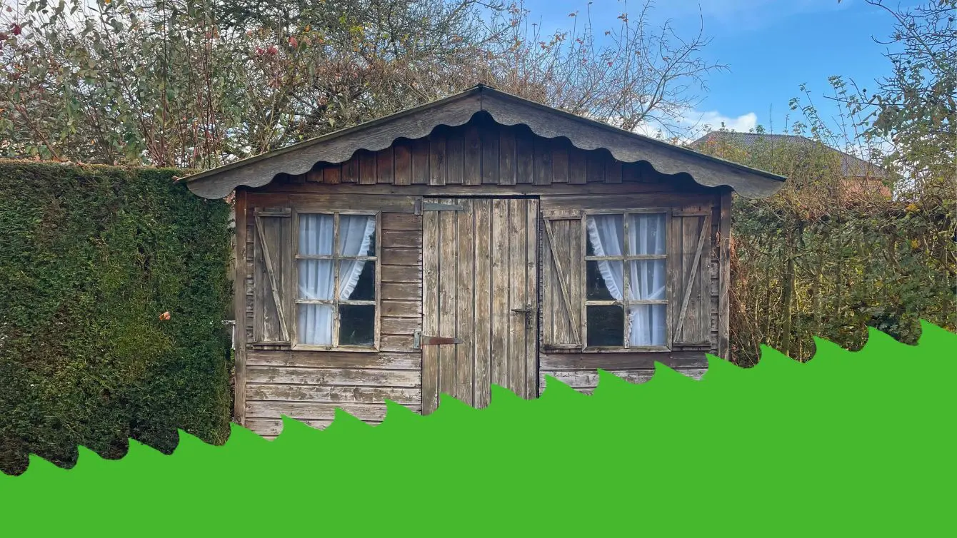 Old wooden garden shed surrounded by hedges, shown as an example of Woodworking in a shed.