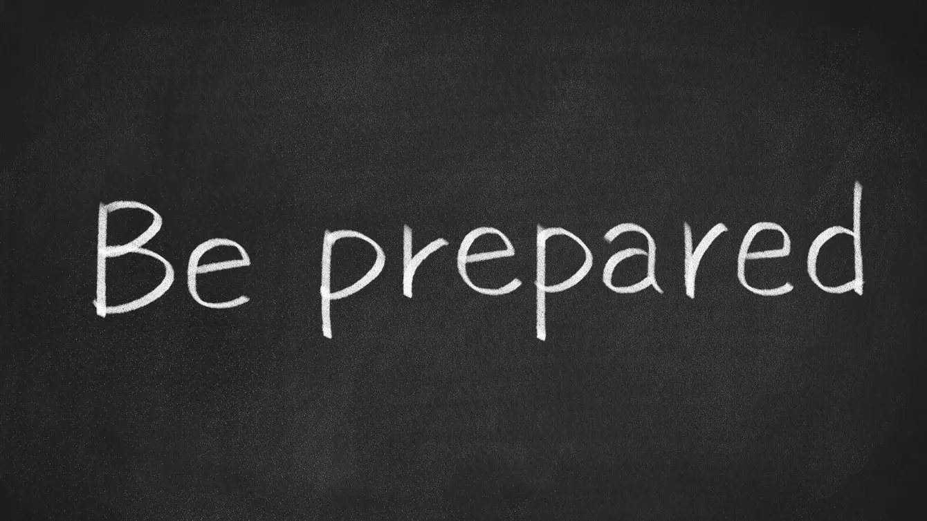 Chalkboard with the words “Be prepared” as a reminder to prepare a woodworking shop.