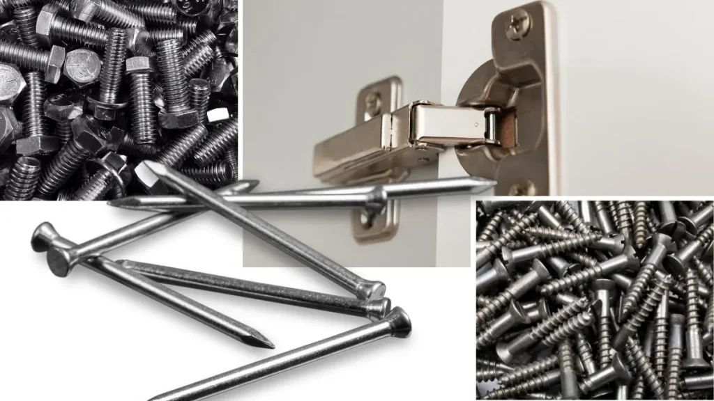 Hardware and fasteners used as woodworking materials including screws, nails and hinges.