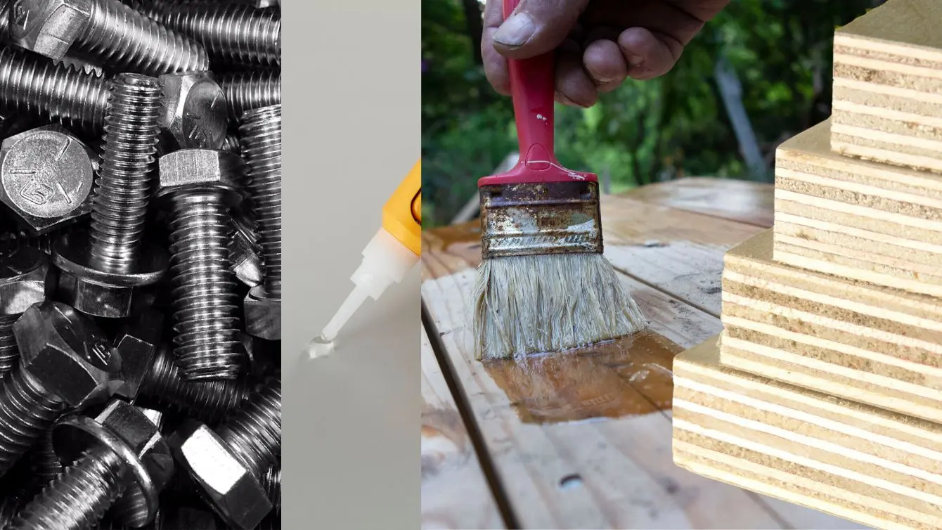 Collage of woodworking materials including hardware, glue, finishing products and plywood.