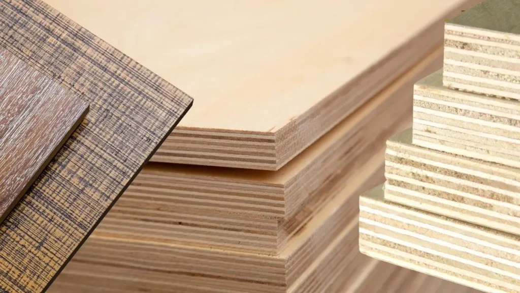 Stacked plywood panels and other sheet goods that serve as common woodworking materials.