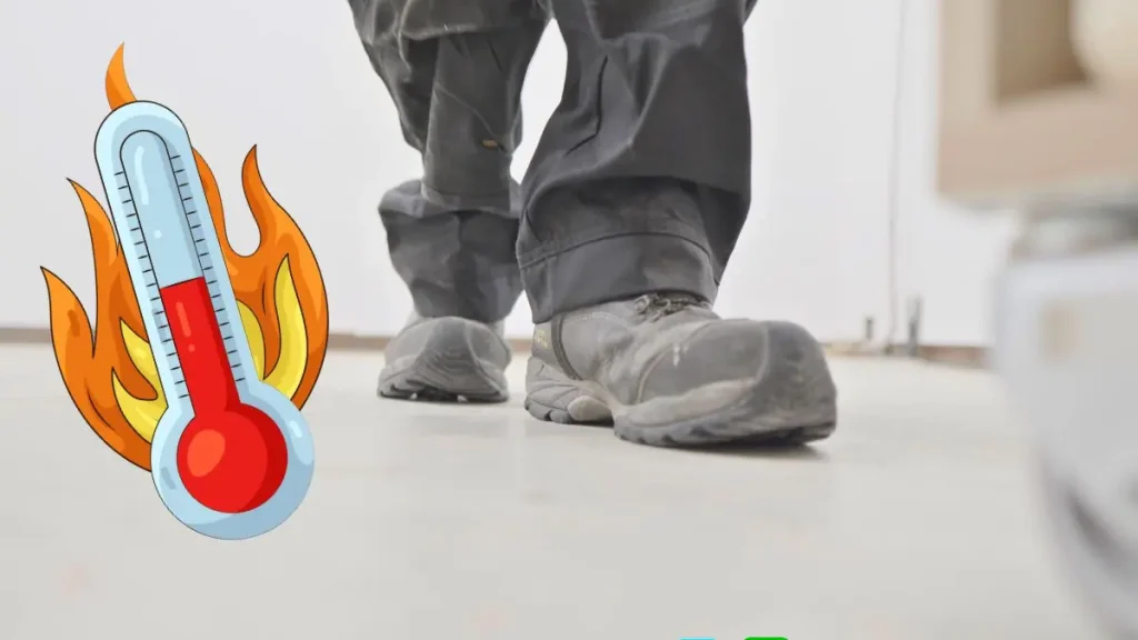 Work boots standing on cold concrete while a flaming thermometer shows how a cold workshop floor affects comfort.