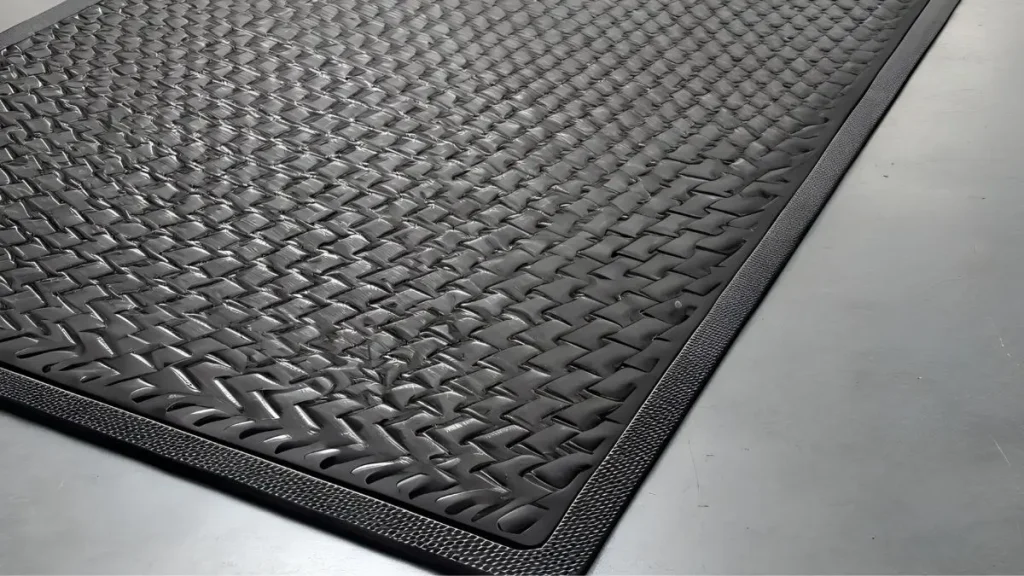 Close up of a thick anti fatigue mat on a workshop floor used to soften a cold workshop floor.