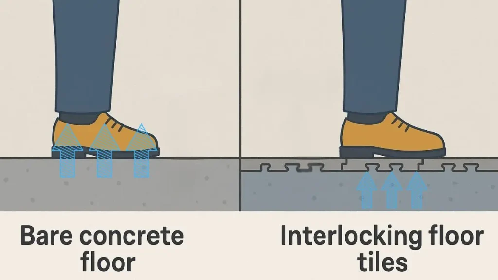 How interlocking floor tiles help with cold floors by slowing cold transfer from concrete