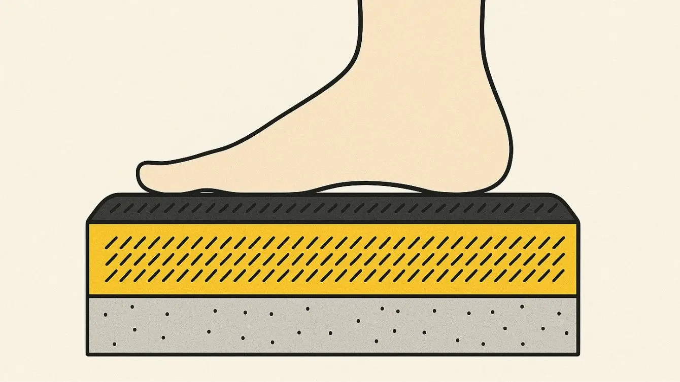Side view cross section of an anti fatigue mat showing a soft core under a foot.