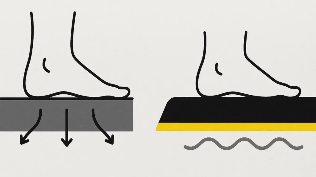 Minimal illustration comparing hard pressure on concrete with softer distribution on an anti fatigue mat, explaining how do anti fatigue mats work.
