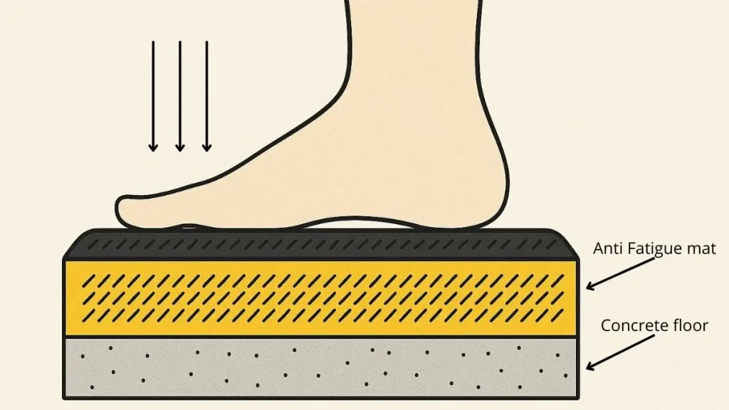 Technical cross-section of anti fatigue mat showing foot pressure distribution