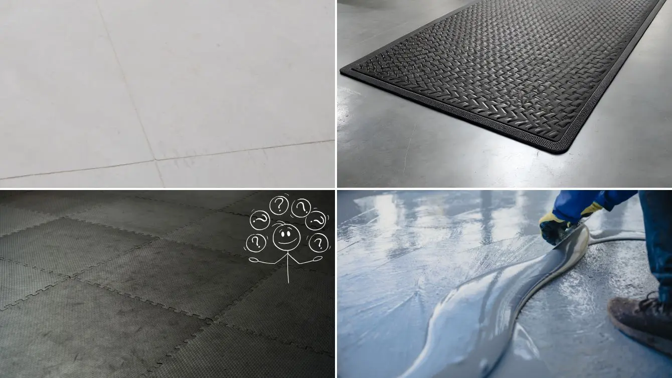 Collage showing different workshop flooring options including concrete, tiles, mats and coatings for small shops.