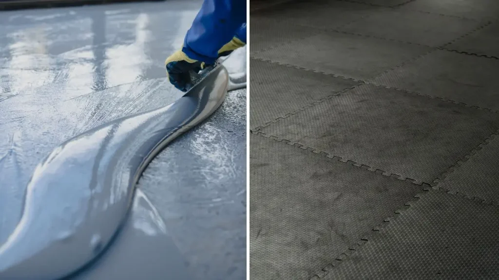 Liquid floor coating being spread across a shop floor as one of the workshop flooring options.