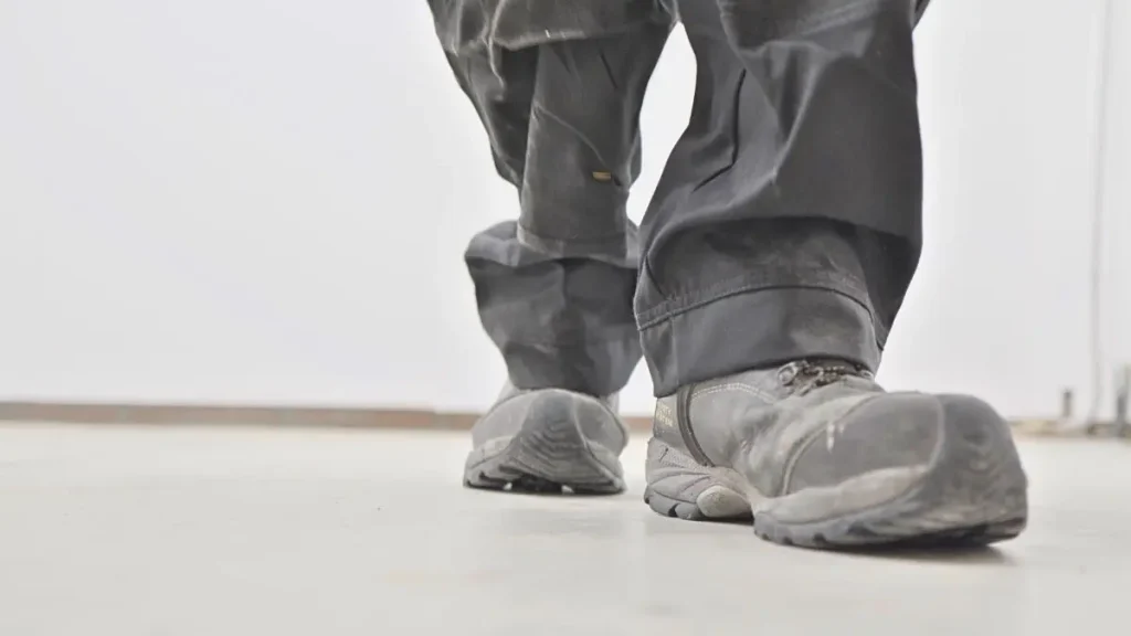Person walking on a bare concrete shop floor while considering how to choose workshop flooring.