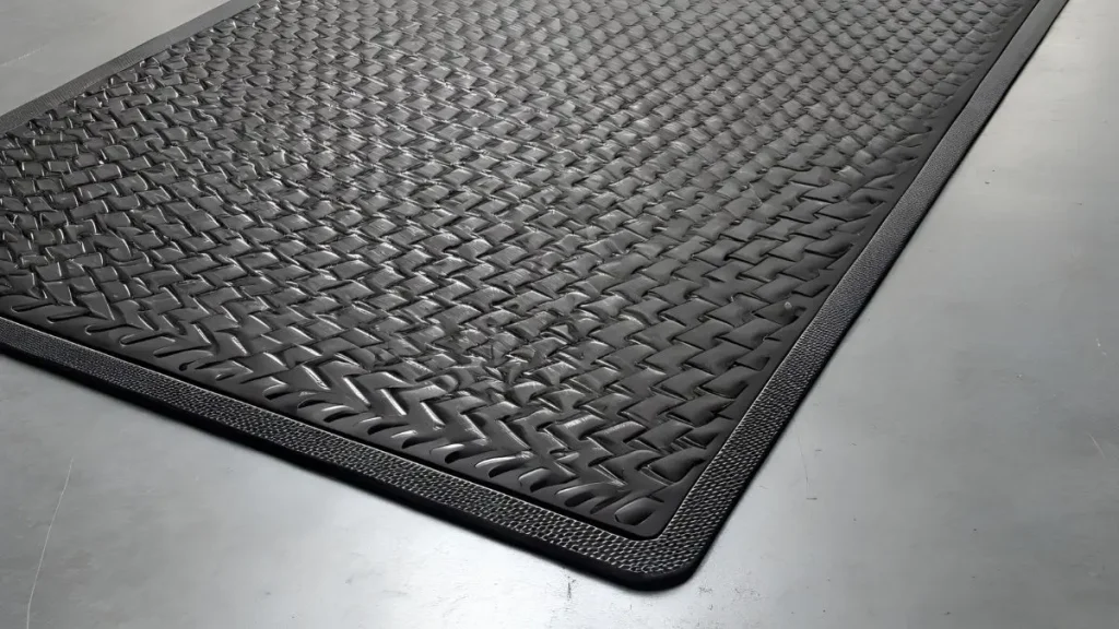 Dark anti fatigue floor mat placed in a workshop as one of the workshop flooring options.