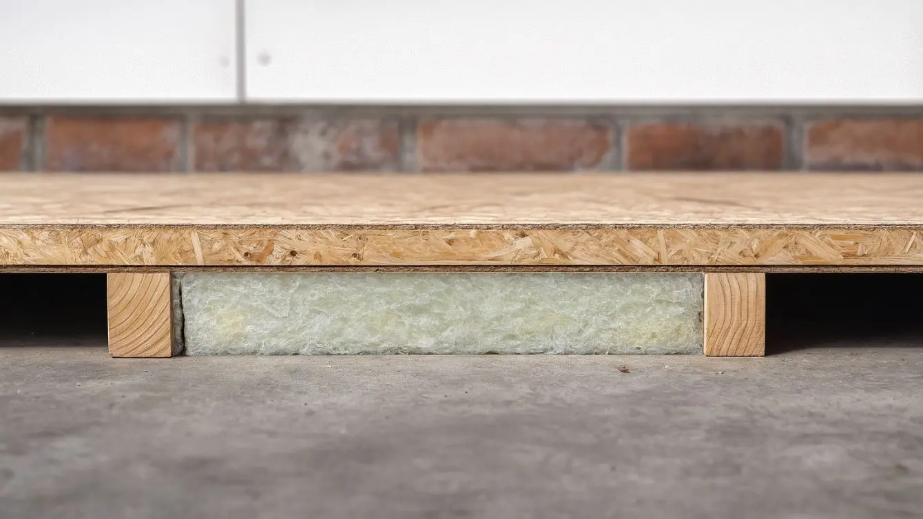 Cross section that shows how to insulate a workshop floor with insulation packed between frame beams and an OSB panel on top.
