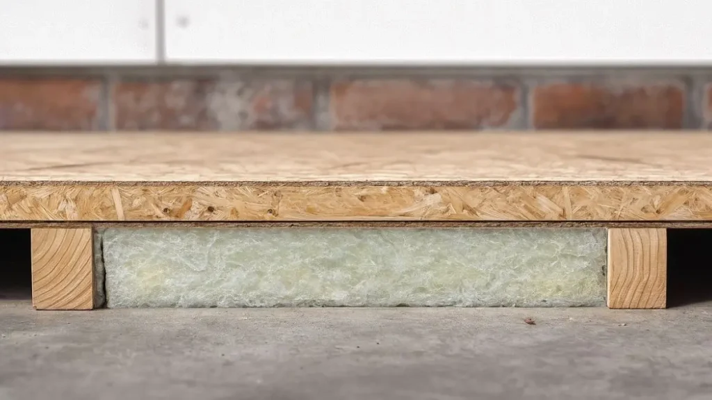 Cross section showing how to insulate a workshop floor using a subfloor frame with insulation between beams under OSB.