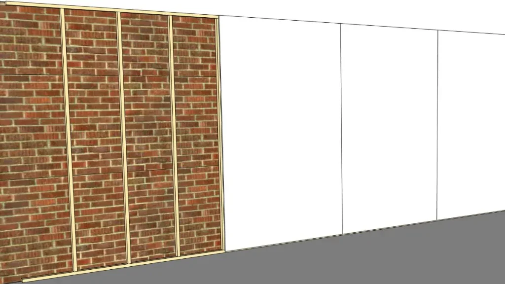 Simple sketch showing how plywood shop walls attach to a stud framework with seams landing on each stud.