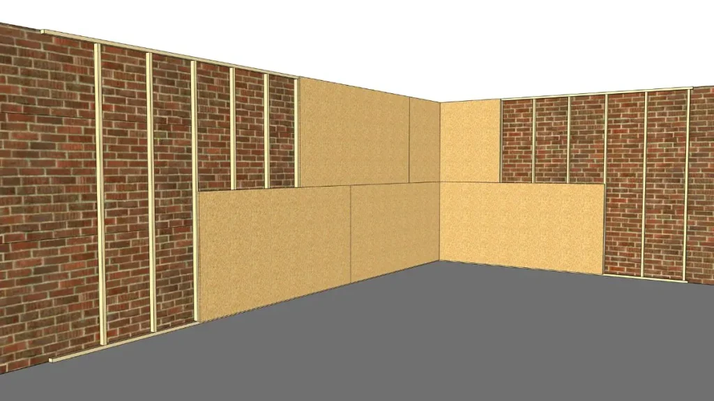 Technical cross section of OSB workshop walls showing brick masonry, wooden framing and an OSB panel ready for mounting.
