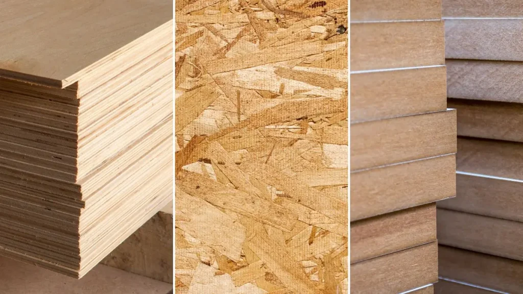 Side by side view of plywood, OSB and MDF panels to compare common workshop wall materials.