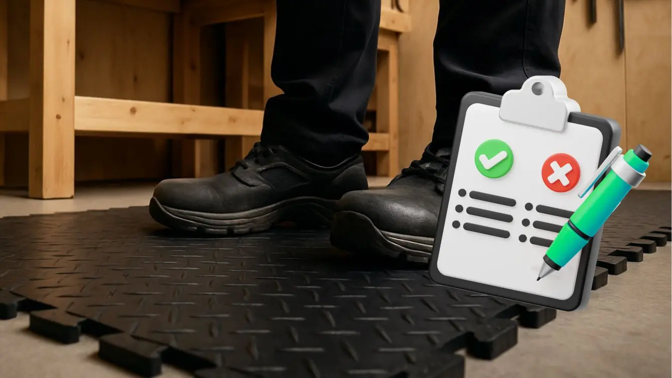 Standing on black interlocking tiles highlights comfort underfoot, a key part of the pros and cons of interlocking floor tiles.