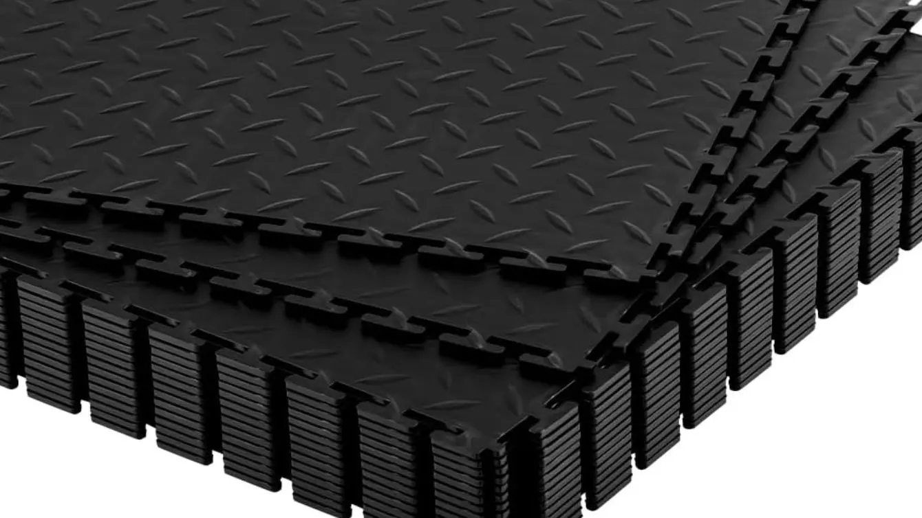 What are interlocking floor tiles displayed as a full square tile with visible male and female connector edges