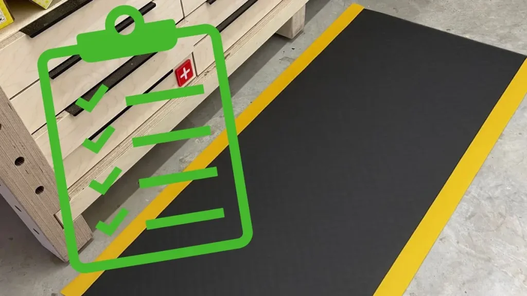 Anti fatigue mat on a workshop floor with a checklist icon showing practical points to think about before adding an anti fatigue mat.