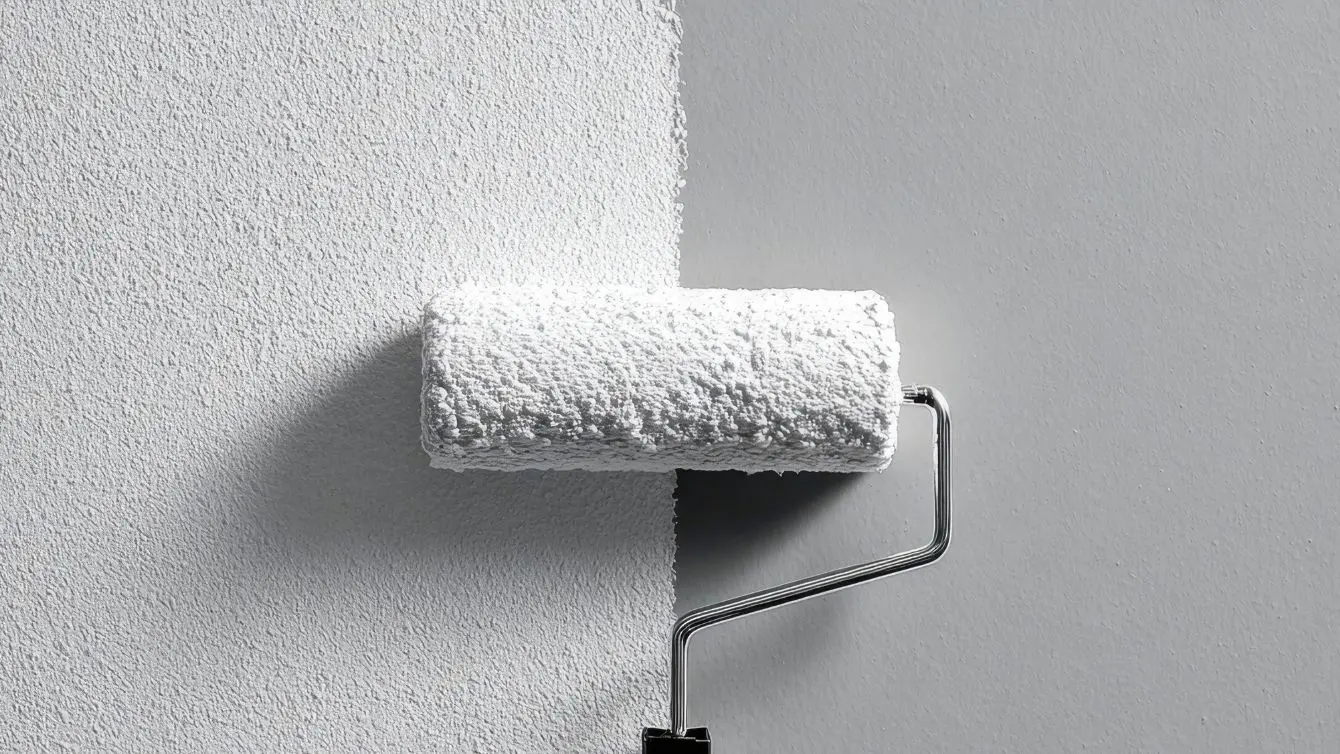 A paint roller applying a fresh coat on a workshop wall while choosing the best paint for workshop walls.